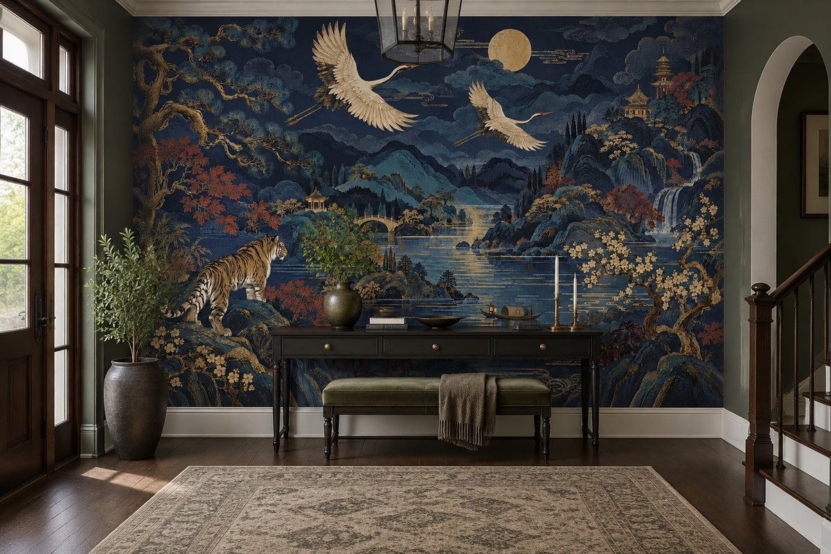 Moonlit Oriental Landscape Wallpaper Navy Panoramic Wall Mural