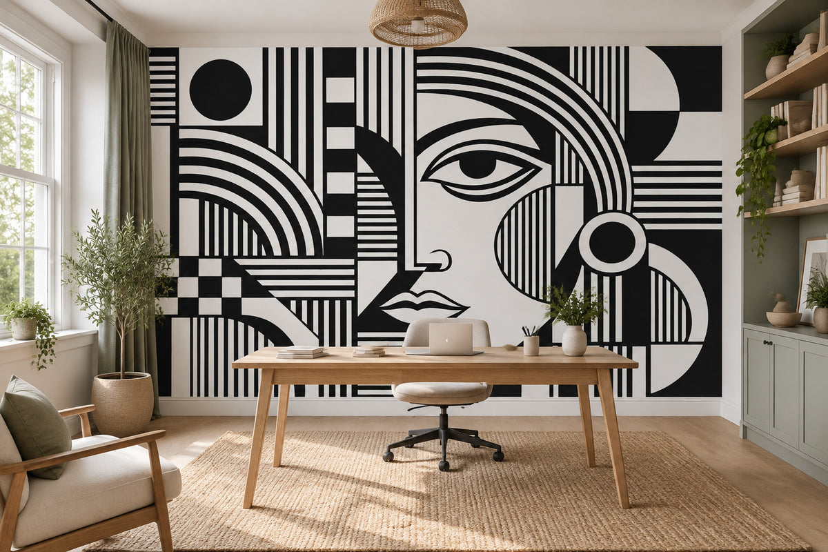 Geometric Face Wallpaper Monochrome Graphic Wall Mural