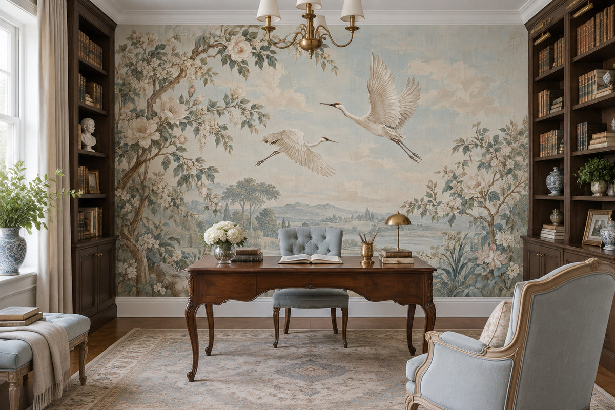 Flying Cranes Wallpaper Chinoiserie Landscape Wall Mural