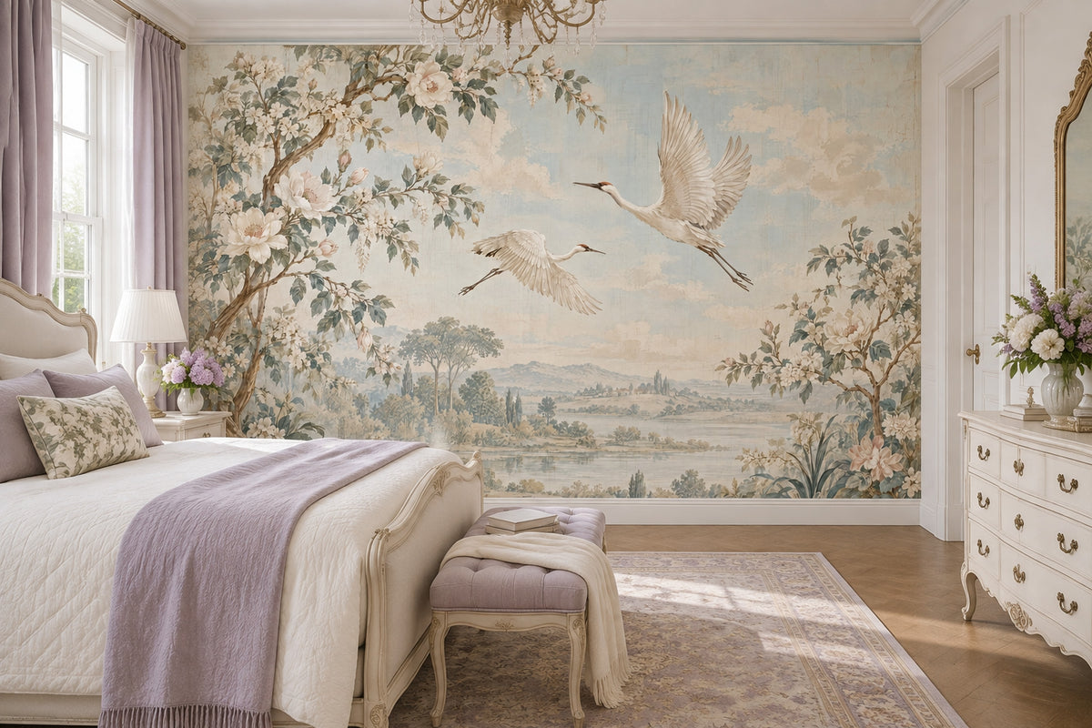 Flying Cranes Wallpaper Chinoiserie Landscape Wall Mural
