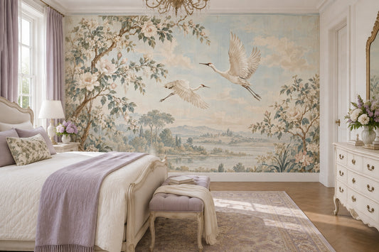 Flying Cranes Wallpaper Chinoiserie Landscape Wall Mural