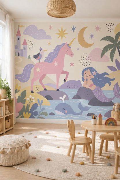 Unicorn Mermaid Castle Wallpaper Pastel Fantasy Wall Mural