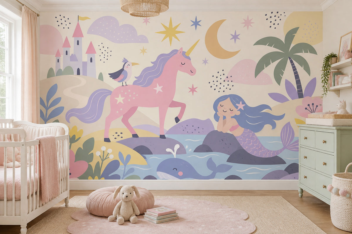Unicorn Mermaid Castle Wallpaper Pastel Fantasy Wall Mural