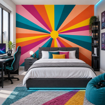 Radial Sunburst Geometry Wallpaper Mid Century Modern Wall Mural