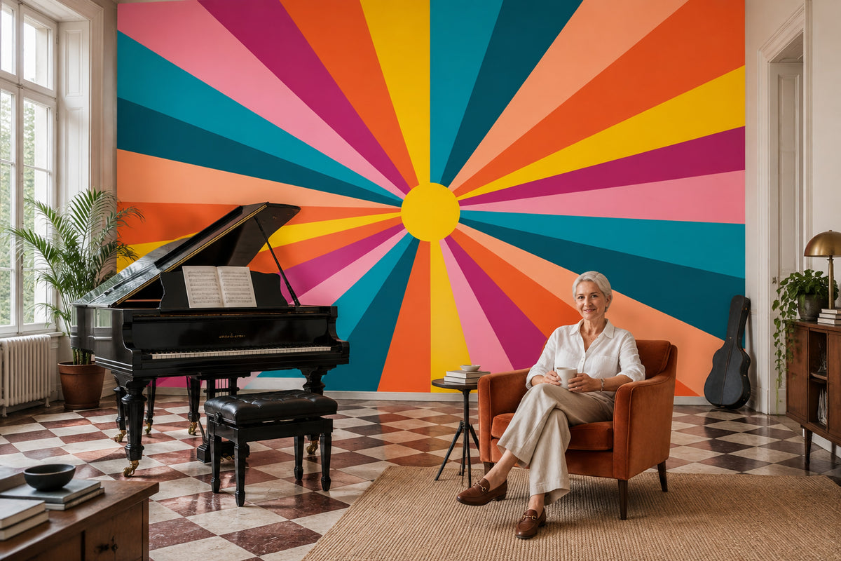 Radial Sunburst Geometry Wallpaper Mid Century Modern Wall Mural