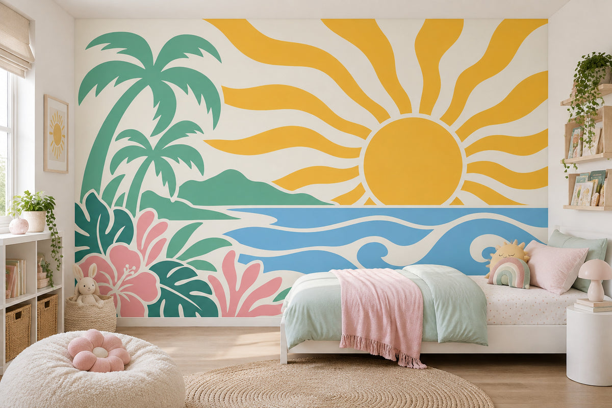Tropical Beach Sunset Wallpaper Retro Palm Wall Mural