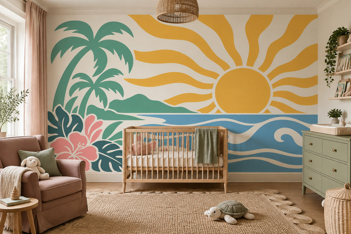 Tropical Beach Sunset Wallpaper Retro Palm Wall Mural