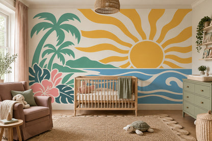 Tropical Beach Sunset Wallpaper Retro Palm Wall Mural