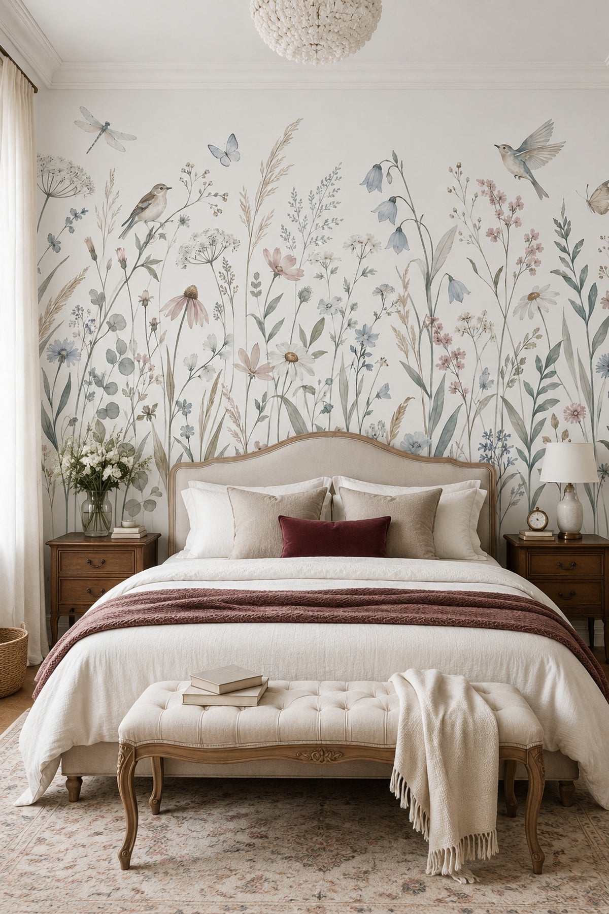 Watercolor Wildflowers Wallpaper White Background Wall Mural