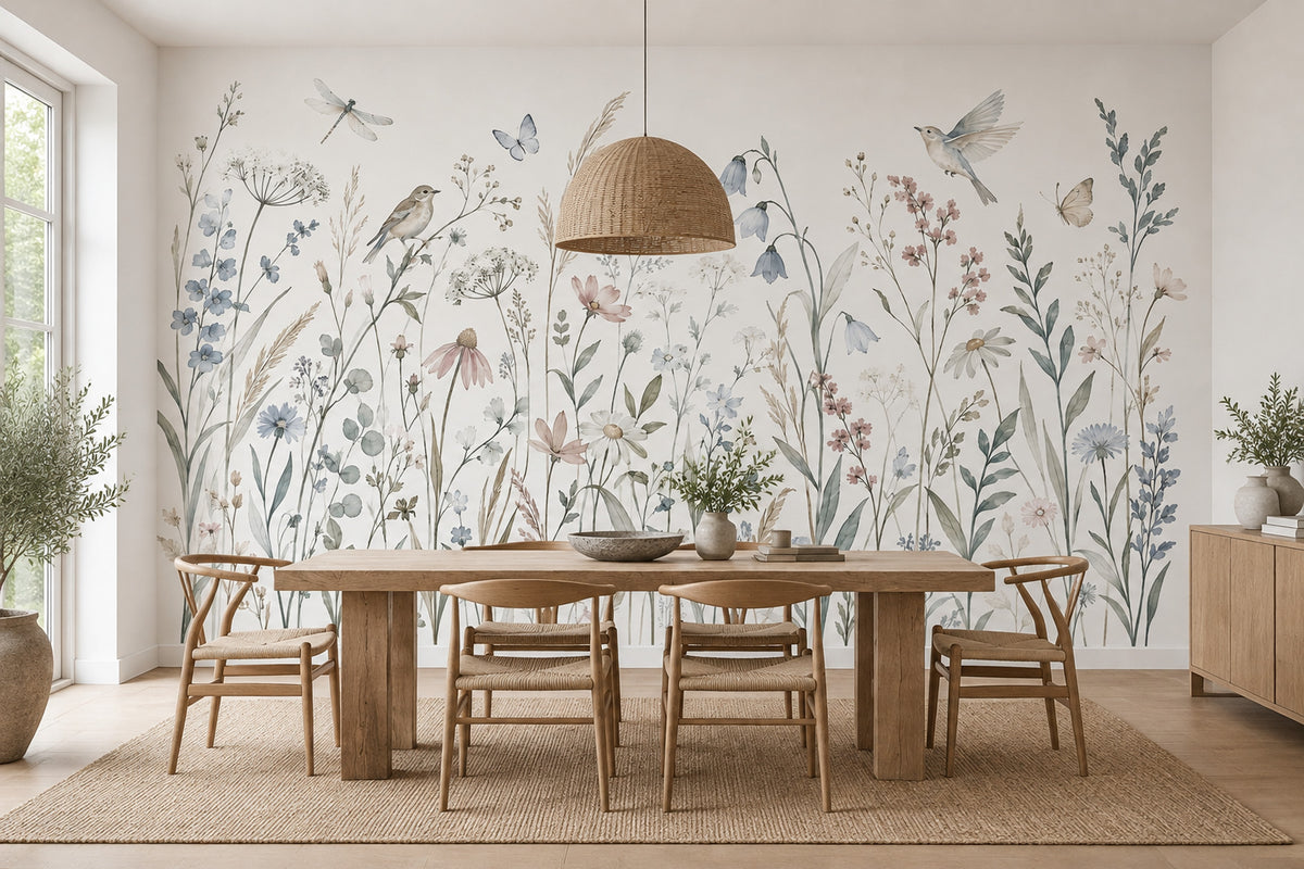 Watercolor Wildflowers Wallpaper White Background Wall Mural