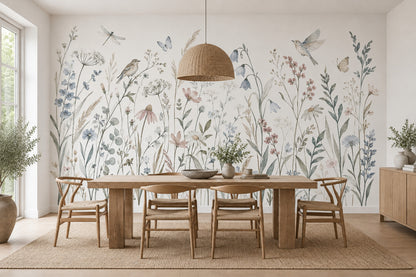 Watercolor Wildflowers Wallpaper White Background Wall Mural