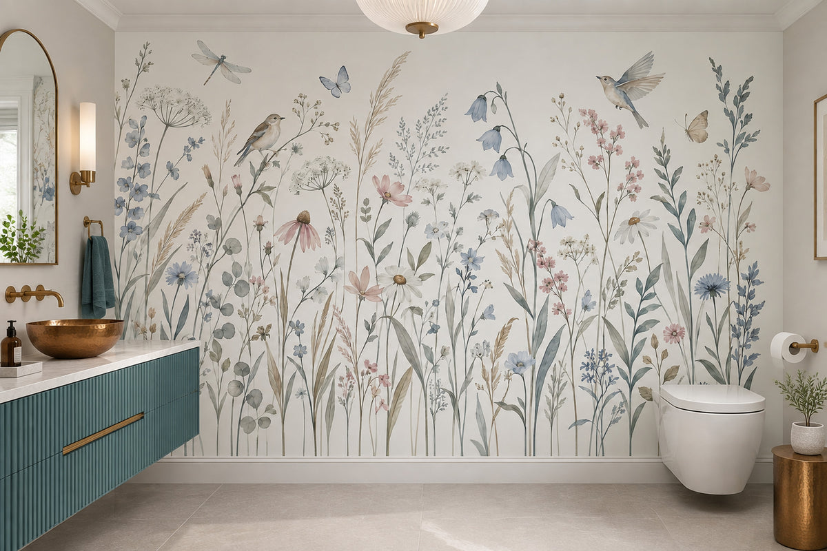 Watercolor Wildflowers Wallpaper White Background Wall Mural