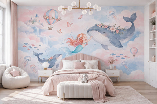 Mermaid And Whale Wallpaper Hot Air Balloon Fantasy Wall Mural
