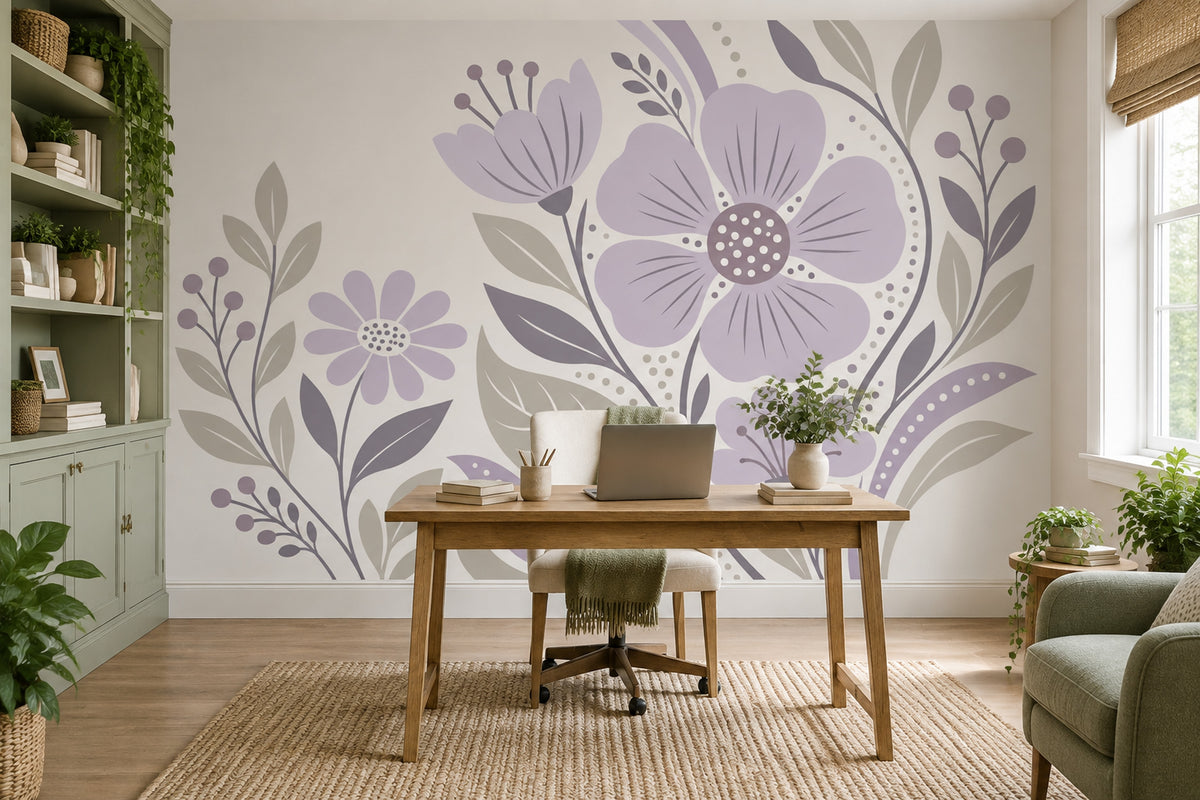 Scandinavian Floral Wallpaper Lavender Botanicals Wall Mural