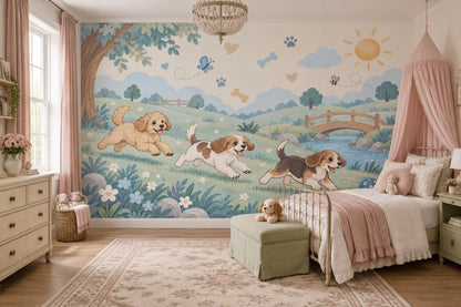 Playful Dogs Wallpaper Pastel Landscape Wall Mural