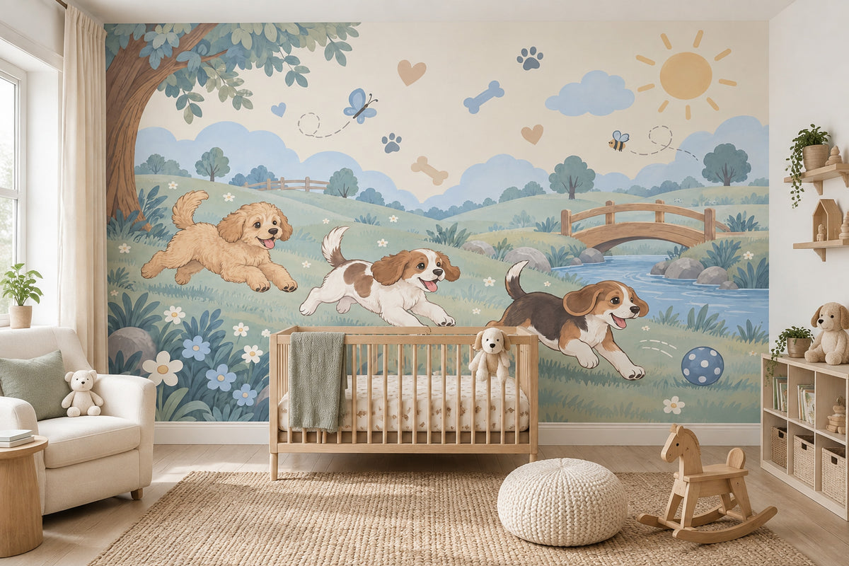 Playful Dogs Wallpaper Pastel Landscape Wall Mural