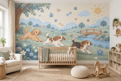 Playful Dogs Wallpaper Pastel Landscape Wall Mural