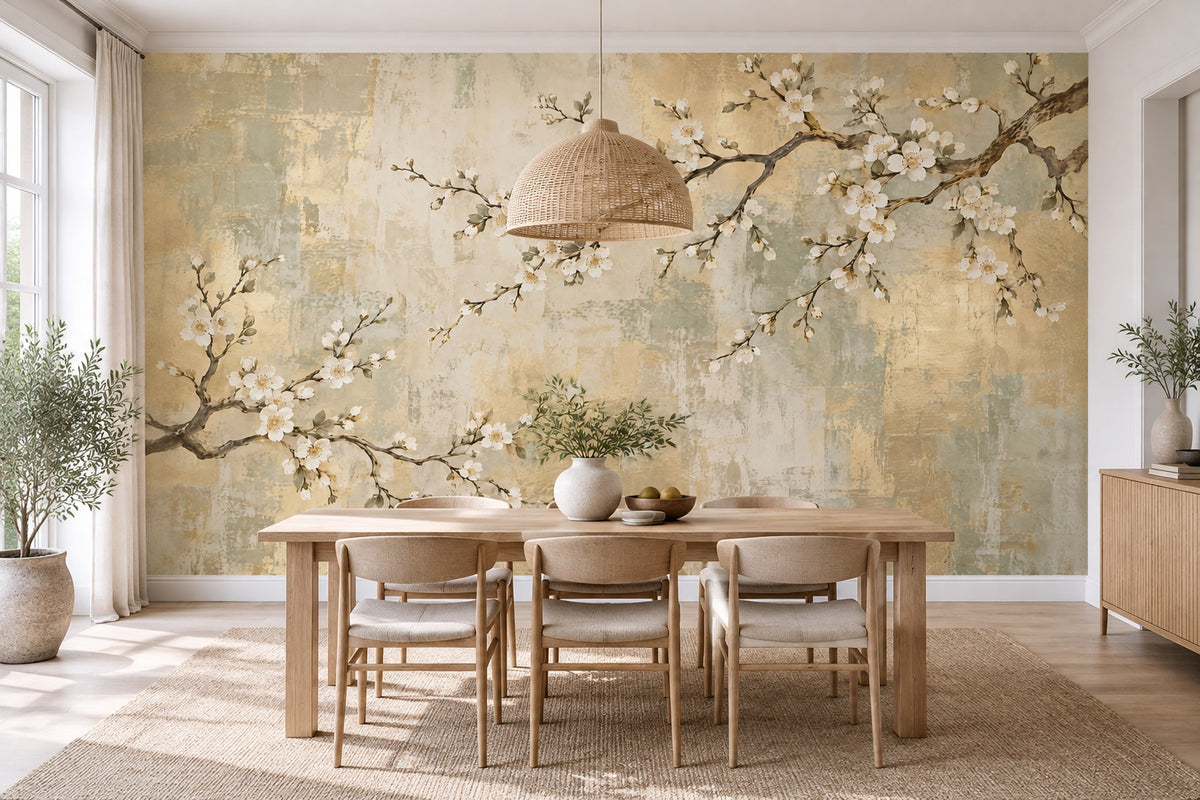White Blossom Branches Wallpaper Chinoiserie Gold Accents Wall Mural