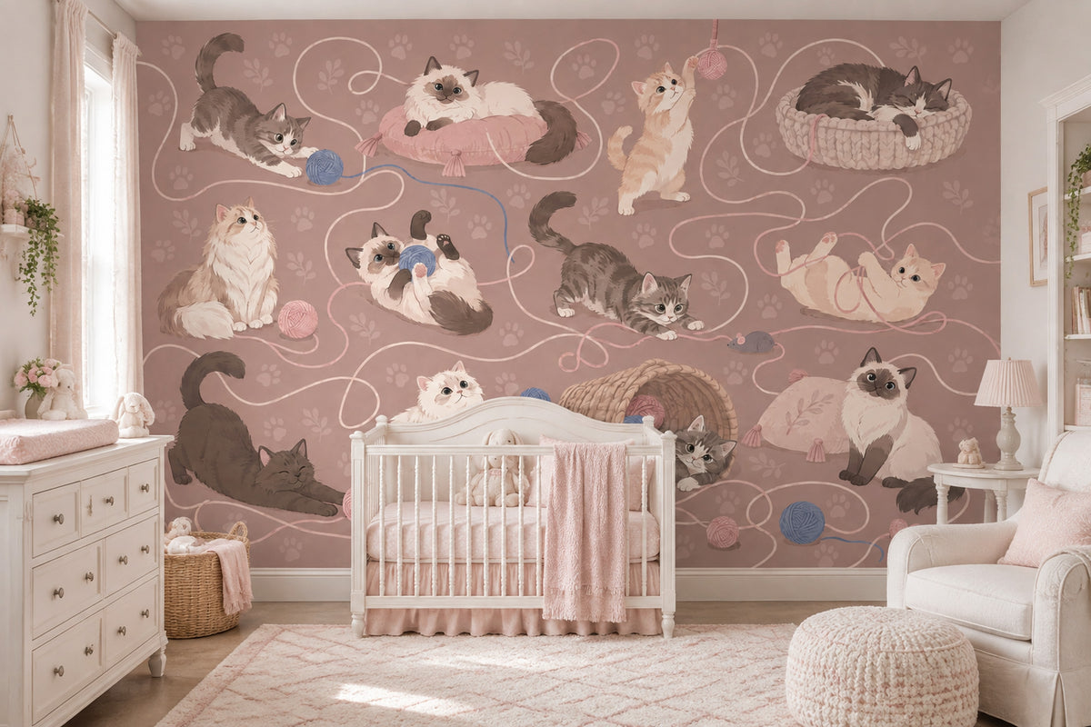 Playful Cats And Yarn Wallpaper Dusty Pink Wall Mural