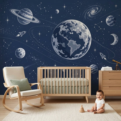 Planets And Rockets Wallpaper Navy Galaxy Wall Mural