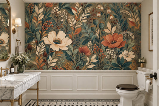 Vintage Botanical Flowers Wallpaper Olive Green Wall Mural