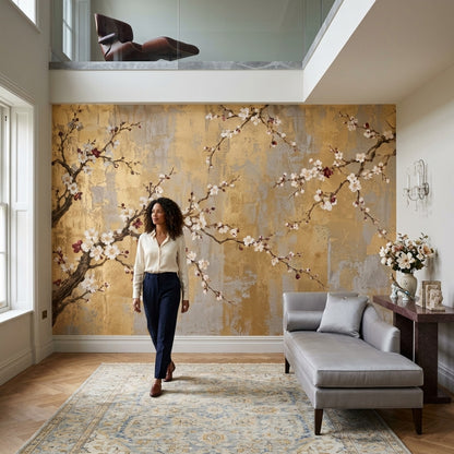 Cherry Blossom Branches Wallpaper Gold Leaf Texture Wall Mural