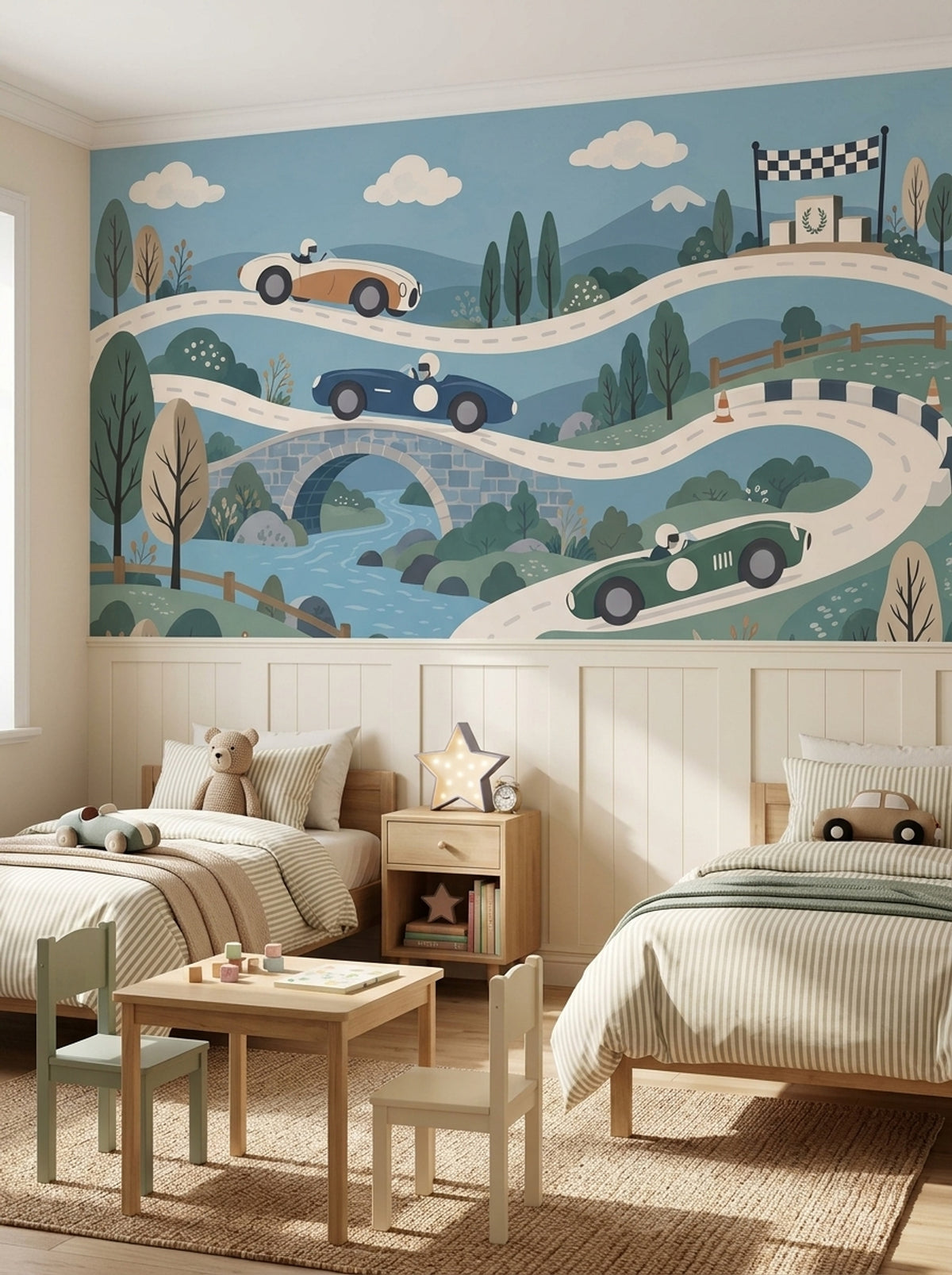 Vintage Race Cars Wallpaper Whimsical Countryside Wall Mural