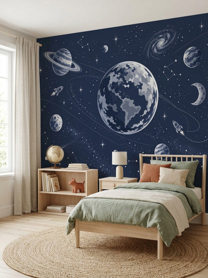 Planets And Rockets Wallpaper Navy Galaxy Wall Mural