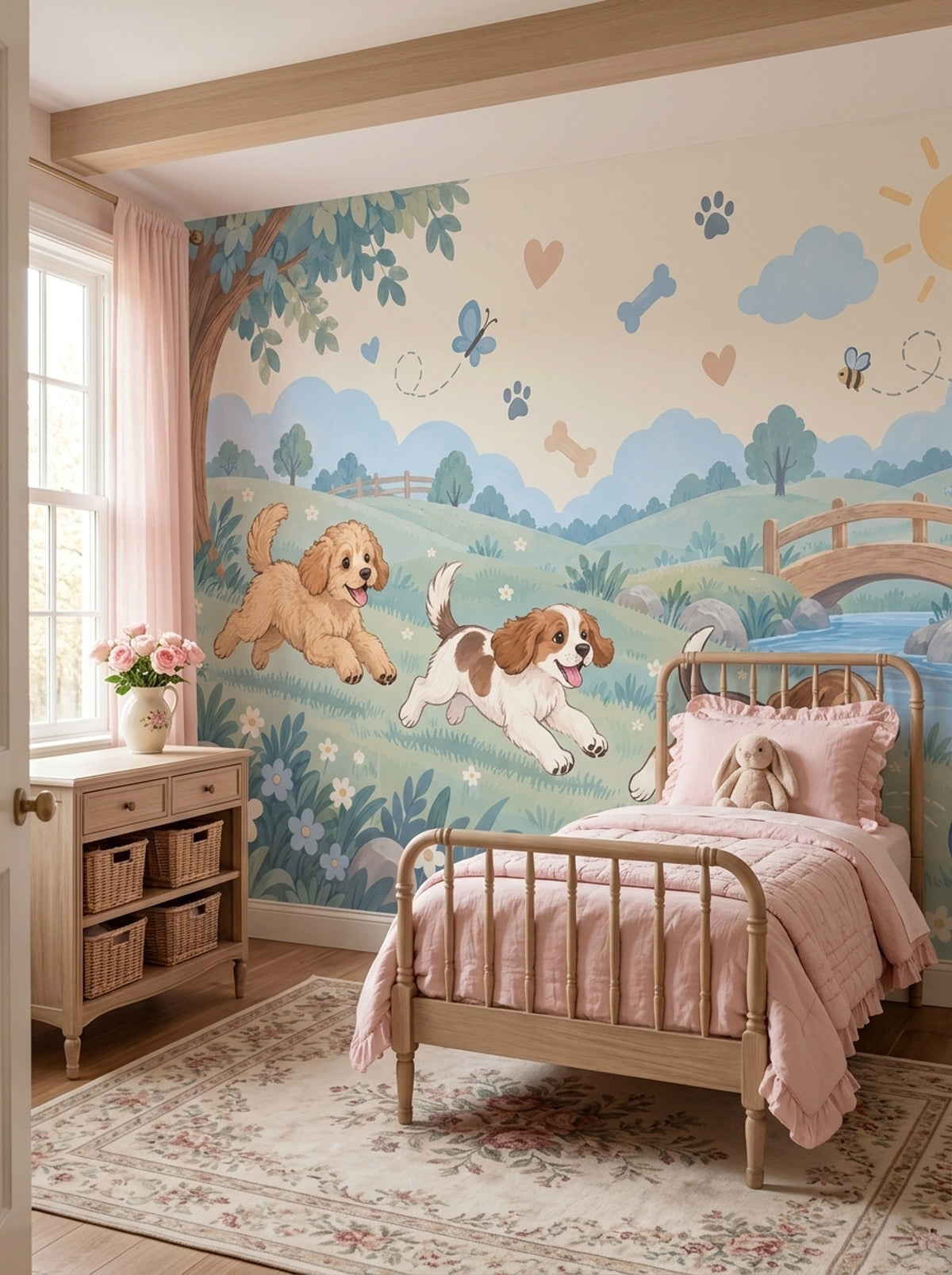 Playful Dogs Wallpaper Pastel Landscape Wall Mural