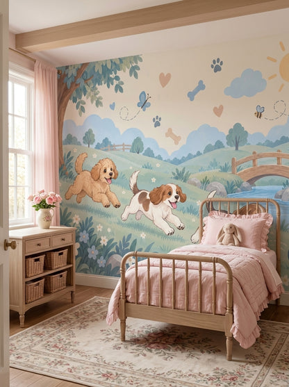 Playful Dogs Wallpaper Pastel Landscape Wall Mural