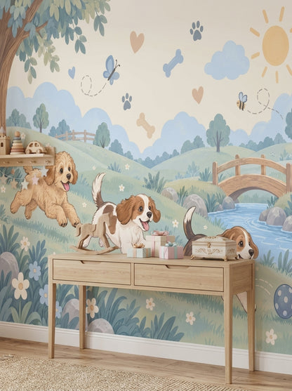 Playful Dogs Wallpaper Pastel Landscape Wall Mural