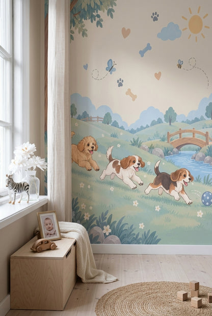 Playful Dogs Wallpaper Pastel Landscape Wall Mural