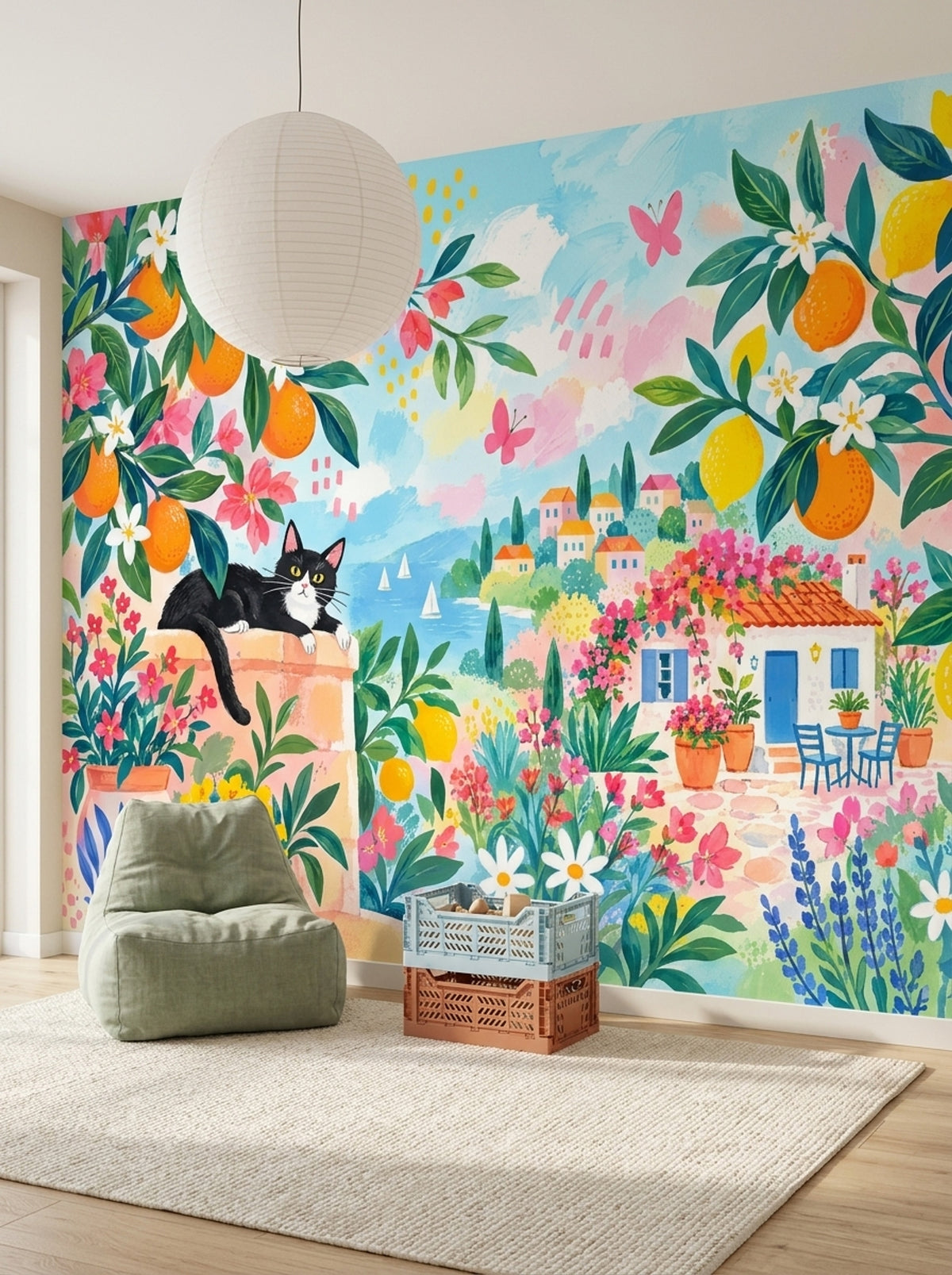 Mediterranean Citrus Garden Wallpaper Coastal Terrace Wall Mural