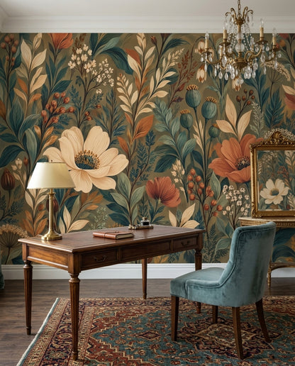 Vintage Botanical Flowers Wallpaper Olive Green Wall Mural