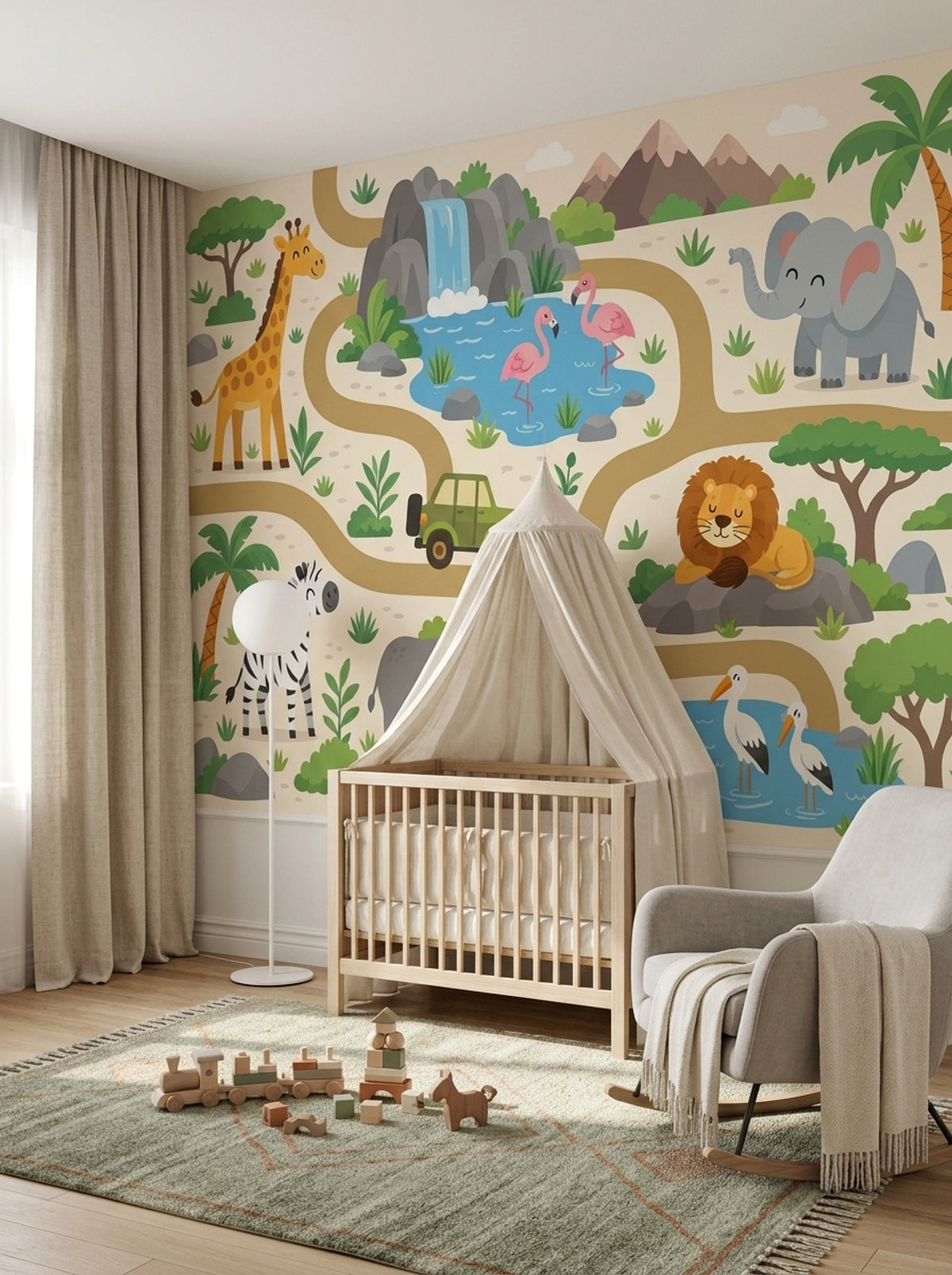 Cartoon Safari Animals Wallpaper Tropical Landscape Wall Mural