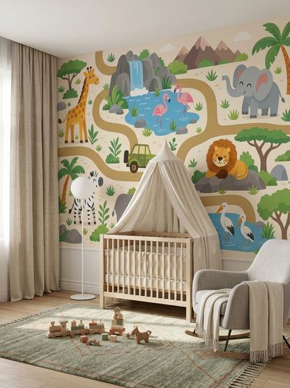 Cartoon Safari Animals Wallpaper Tropical Landscape Wall Mural