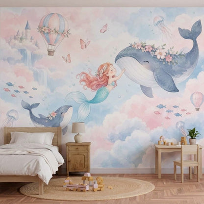 Mermaid And Whale Wallpaper Hot Air Balloon Fantasy Wall Mural