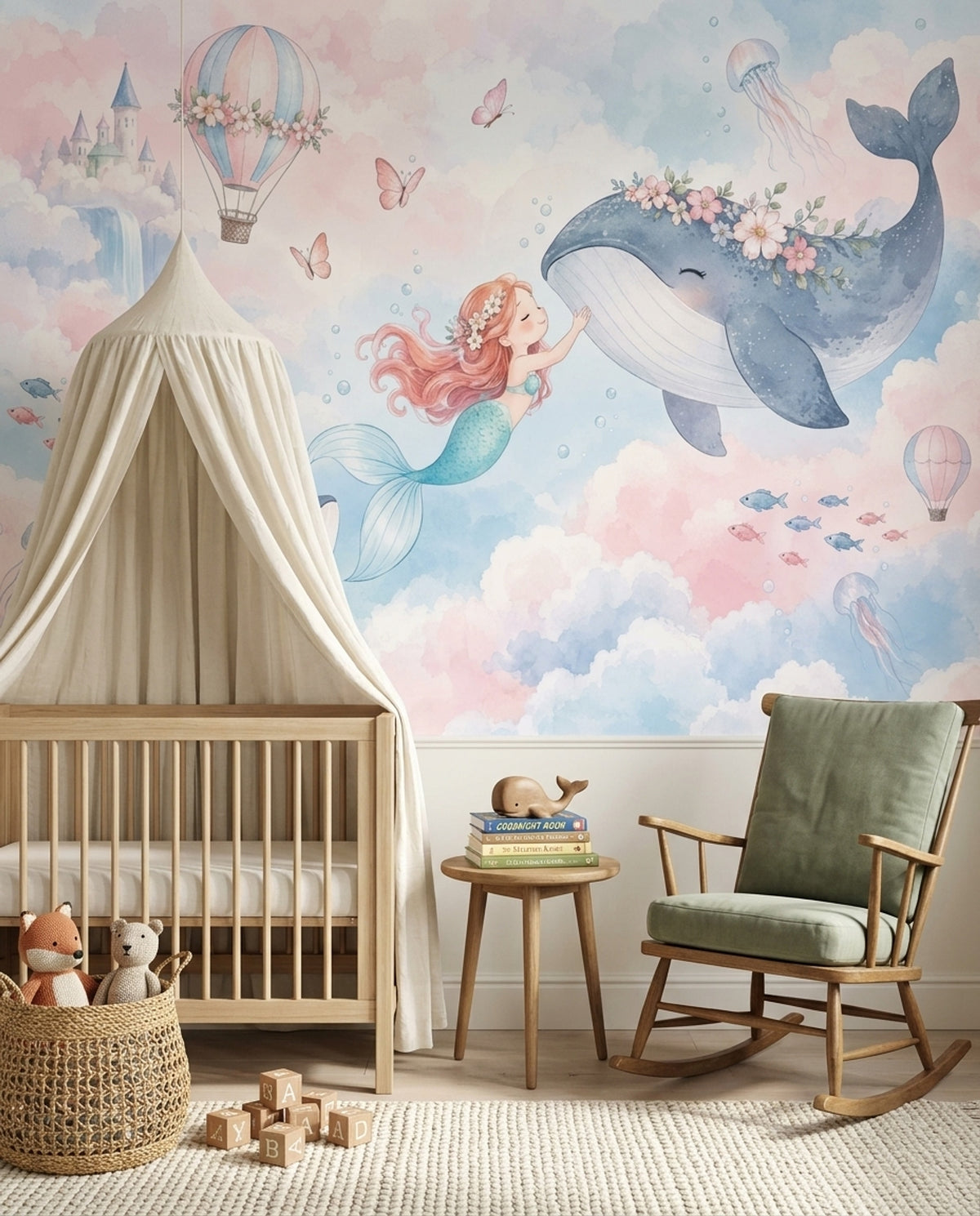 Mermaid And Whale Wallpaper Hot Air Balloon Fantasy Wall Mural