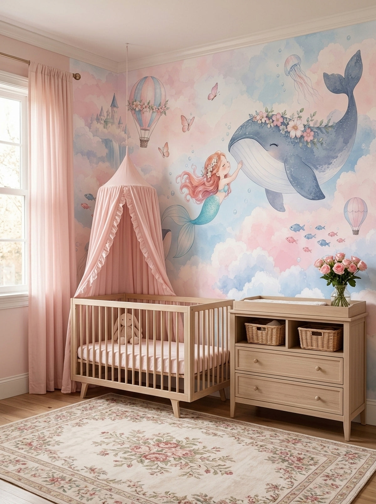 Mermaid And Whale Wallpaper Hot Air Balloon Fantasy Wall Mural