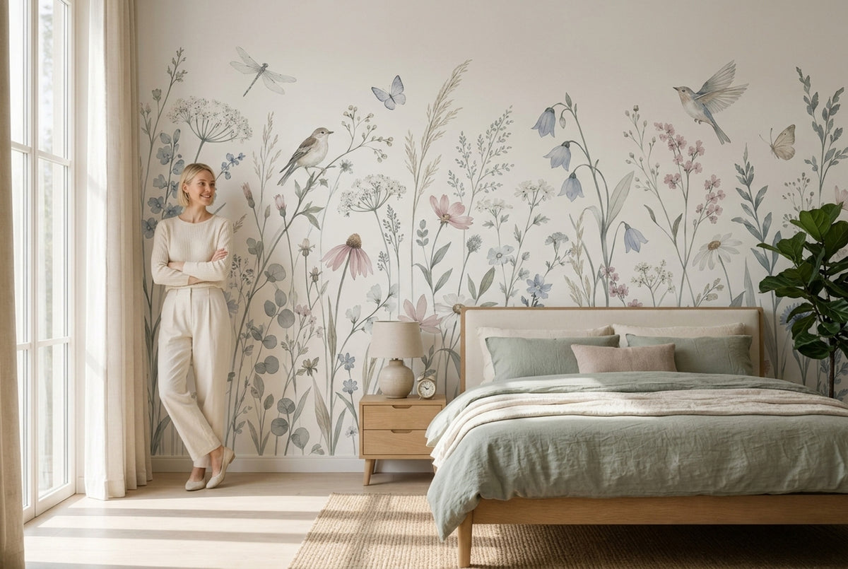 Watercolor Wildflowers Wallpaper White Background Wall Mural
