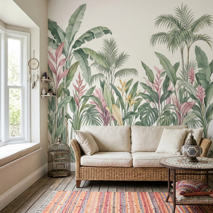 Watercolor Tropical Leaves Wallpaper Light Background Wall Mural