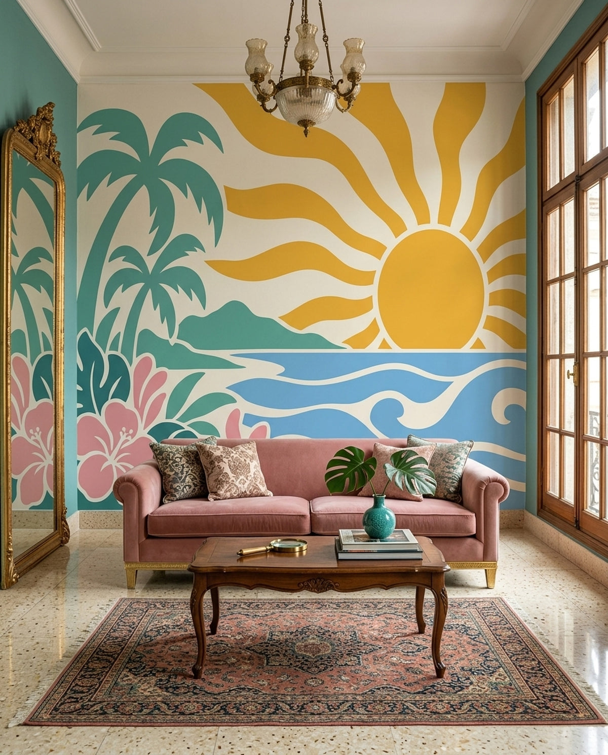 Tropical Beach Sunset Wallpaper Retro Palm Wall Mural