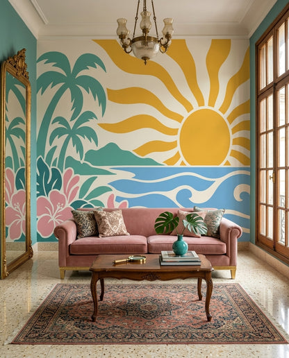 Tropical Beach Sunset Wallpaper Retro Palm Wall Mural