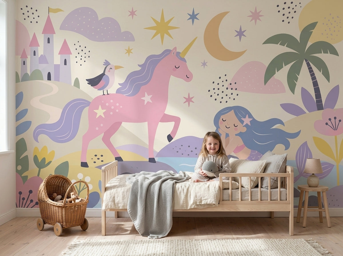 Unicorn Mermaid Castle Wallpaper Pastel Fantasy Wall Mural