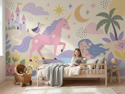 Unicorn Mermaid Castle Wallpaper Pastel Fantasy Wall Mural
