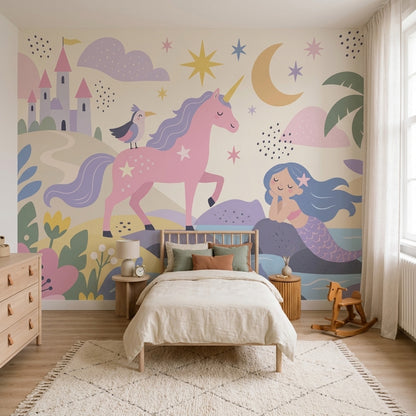 Unicorn Mermaid Castle Wallpaper Pastel Fantasy Wall Mural