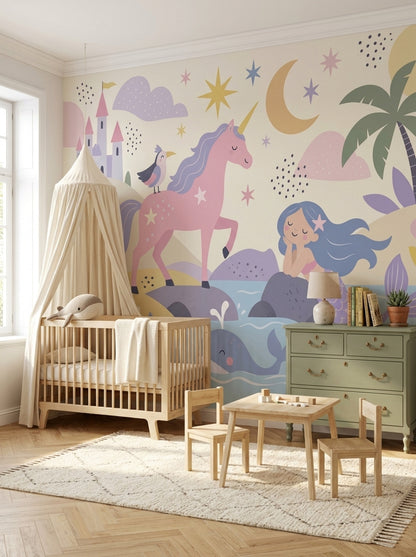 Unicorn Mermaid Castle Wallpaper Pastel Fantasy Wall Mural