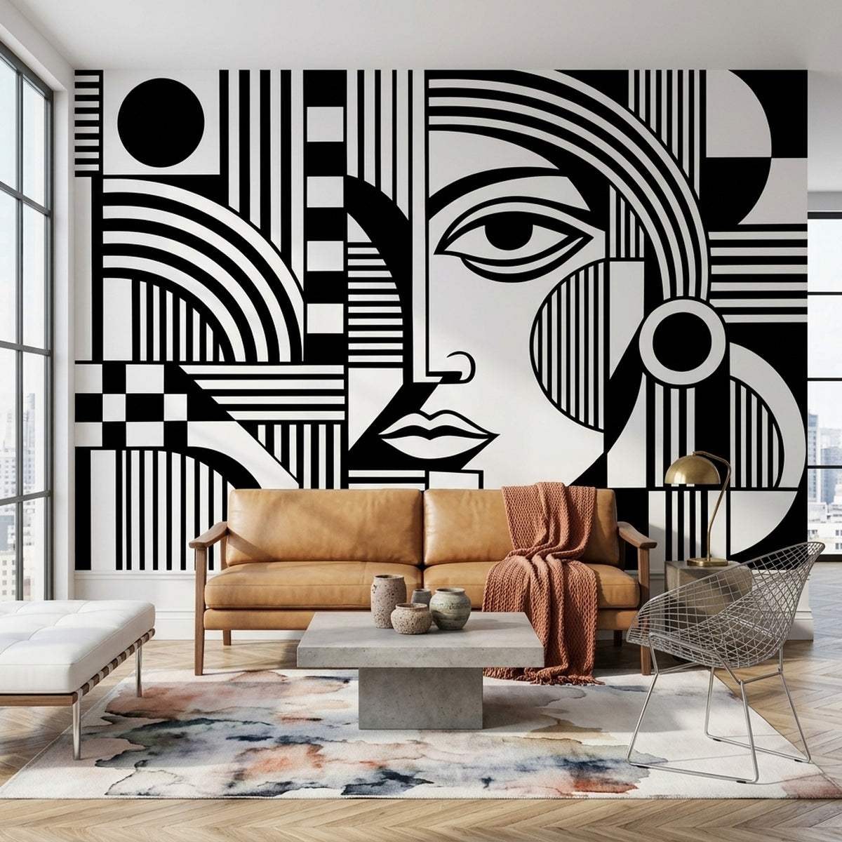 Geometric Face Wallpaper Monochrome Graphic Wall Mural