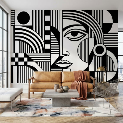 Geometric Face Wallpaper Monochrome Graphic Wall Mural