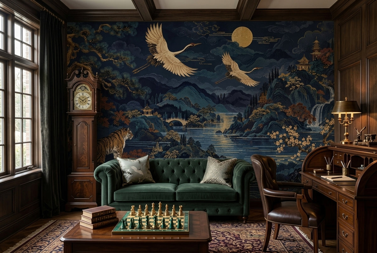 Moonlit Oriental Landscape Wallpaper Navy Panoramic Wall Mural
